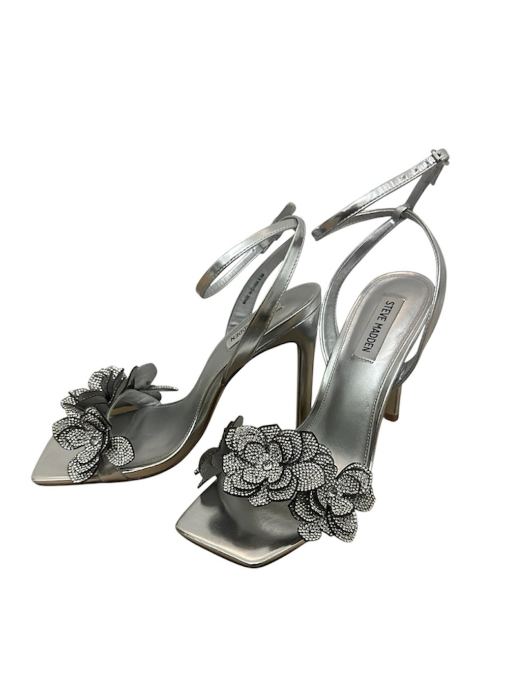 Steve Madden Silver Metallic Ulyana Floral Ankle Strap Sandal Heel | Size 8.5